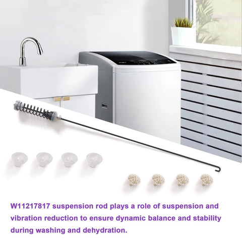 Washer Suspension Rod Kit 26.5 Inch Fits Whirlpool Maytag Amana Kenmore with parts, shown near a washing machine.