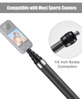 Heavy Duty Carbon Fiber Selfie Stick Extends To Super Long 118 Inches With Reliable 1/4 Inch Mount, showing mounted action camera.
