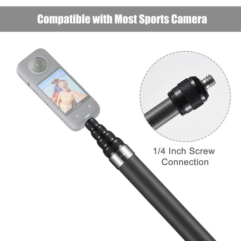 Heavy Duty Carbon Fiber Selfie Stick Extends To Super Long 118 Inches With Reliable 1/4 Inch Mount, showing mounted action camera.