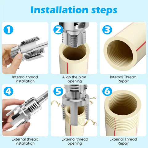 Installation steps showing use of Dual Function PVC Pipe Threader Kit For One Half Three Quarters And One Inch Pipes Internal And External Threading Tool For Home Repair DIY Plumbing Projects Heavy Duty Carbon Steel