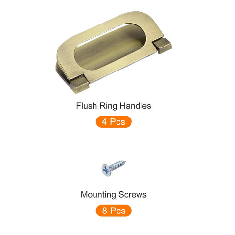 74mm Ring Pull Handles Set Bronze Zinc Alloy Hidden Recessed Flush Mount Furniture Grips With Screws For Drawers Cabinets Sliding Doors Dressers Closets 4 Piece, shown with screws