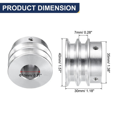Heavy Duty Double Groove V Type Pulley, Aluminum Alloy Build, 18Mm Bore And 40Mm Outer Diameter, shown from two angles with dimensions.