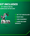 Image showing kit with 10 Inch Single Bevel Compound Miter Saw, 40T saw blade, dust bag, vise assembly, and wrench.