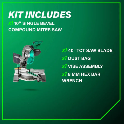 Image showing kit with 10 Inch Single Bevel Compound Miter Saw, 40T saw blade, dust bag, vise assembly, and wrench.