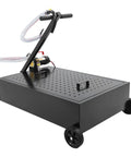 Cool Electric Oil Drain Pan With Pump And Hose For Cars Trucks Rvs, 20 Gal Steel Cart On Wheels, side view with handle and hose.