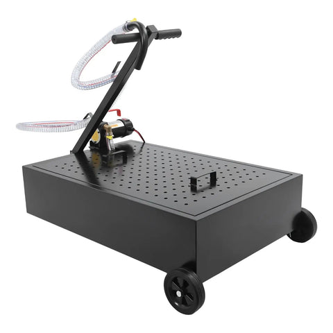 Cool Electric Oil Drain Pan With Pump And Hose For Cars Trucks Rvs, 20 Gal Steel Cart On Wheels, side view with handle and hose.