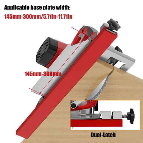 Adjustable Aluminum Circular Saw Guide Rail for Precision Woodworking showing dual-latch system and base plate width
