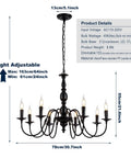 Black Metal 8 Light Candle Style French Country Chandelier with adjustable height, 30.7-inch diameter, for farmhouse pendant lighting.