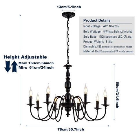 Black Metal 8 Light Candle Style French Country Chandelier with adjustable height, 30.7-inch diameter, for farmhouse pendant lighting.
