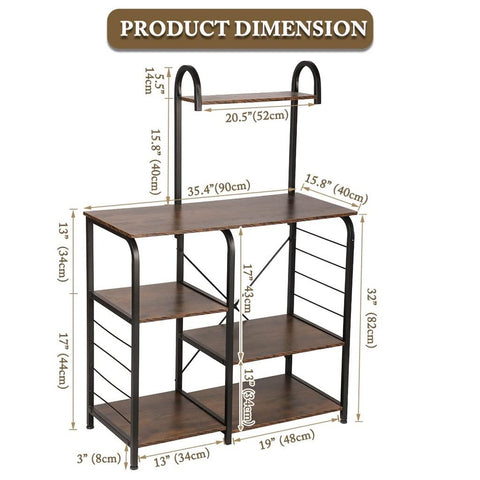 Hella Sturdy Five Tier Industrial Wooden Baker Rack Heavy Utility Storage Shelf dimensions showing size and detailed measurements.