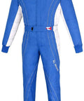Adult Karting One Piece Cordura Suit Two Layer Cordura With Breathable Mesh Lining Blue And White Large Size Pro Grade Go Kart Racing Suit For Track Days, front view