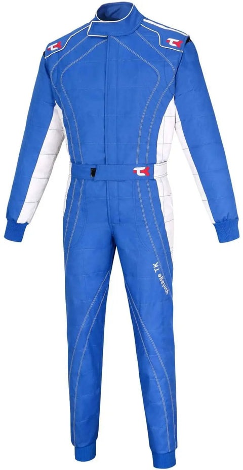 Adult Karting One Piece Cordura Suit Two Layer Cordura With Breathable Mesh Lining Blue And White Large Size Pro Grade Go Kart Racing Suit For Track Days, front view