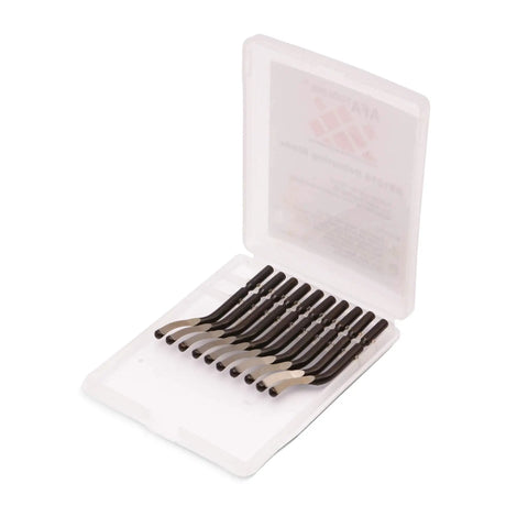 Pro Series Deburring Blades Set Of 10 BS1010 For Steel Aluminum And Plastic 62-64 HRC in storage box, visible side view