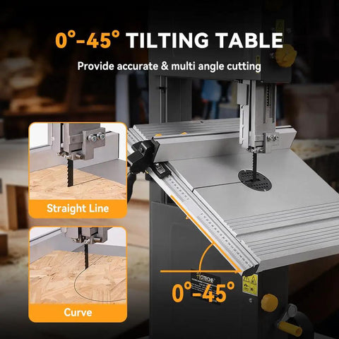 12-Inch Band Saw With Stand, Beefy 7 Amp Two-Speed Benchtop For Woodworking And Metal Cutting, table tilted for varied cuts