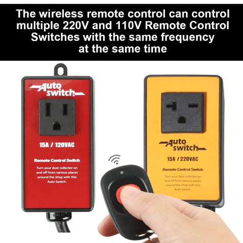 Hand holding remote for Wireless Remote Start Switch For Dust Collector 220V Starter Outlet With Battery Included