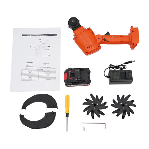 Cordless Mini Tiller With Five 1500mAh Batteries And Fast Charger, 235RPM Handheld Cultivator components laid out