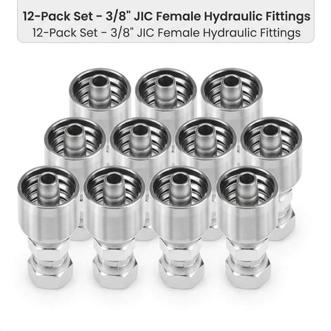 Set of 12 3/8 inch JIC female hydraulic fittings, chrome steel, swivel crimp connectors