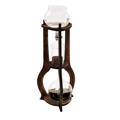 Slick Portable Cold Brew Coffee Maker Tower Featuring Adjusted Drip Speed And Generous 600 ML Size, glass and wood design.