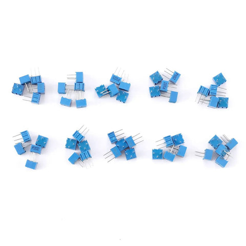 3362P Single Turn Trimmer Potentiometer Kit 50 Pieces Assorted Values 100 Ohm to 1M Ohm on white surface, top view