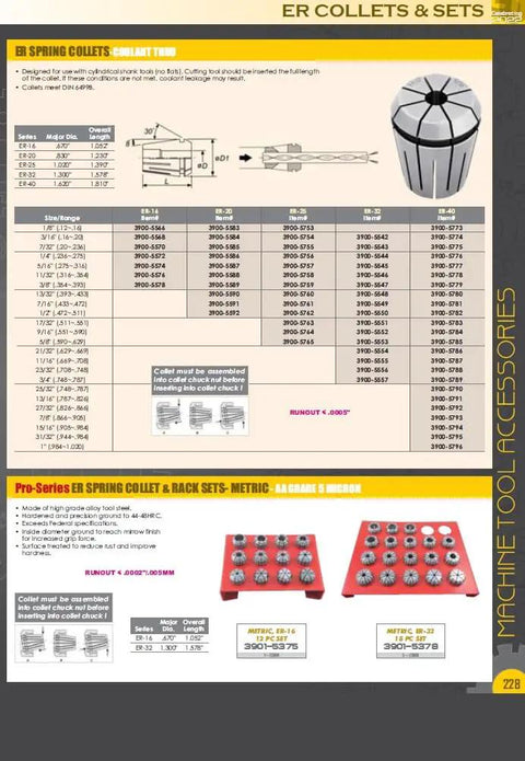 ER-25 Spring Collet 1/4 Inch for Milling and Machining, chart showing dimensions, hardened tool steel, precision ground, machine tool accessories.