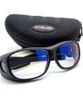 Front view of CARLANY CO2 laser eye protection glasses with blue lenses and black frame for 9000-11000nm/10600nm lasers