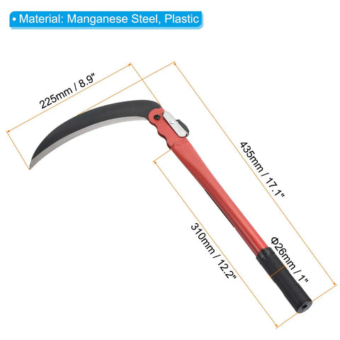 Folding Harvest Sickle With Manganese Steel Blade, showing dimensions and materials used