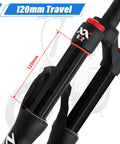 Close-up of 20 Inch Mountain Bike Front Suspension Air Fork With 120 To 140 Millimeter Travel, 120mm travel highlighted in black