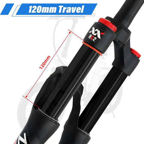 Close-up of 20 Inch Mountain Bike Front Suspension Air Fork With 120 To 140 Millimeter Travel, 120mm travel highlighted in black