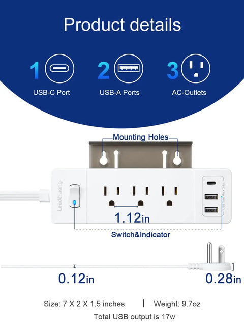 Diagram of Ultra Flat Power Strip with 3 AC Outlets, 2 USB A Ports, 1 USB C Port, 1875W Surge Protector, mount holes, flat plug.