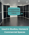 Pro Grade Black Acoustical Fabric Precut Sheets Heavy Duty Sound Dampening Textile used to wrap studio walls for noise reduction.