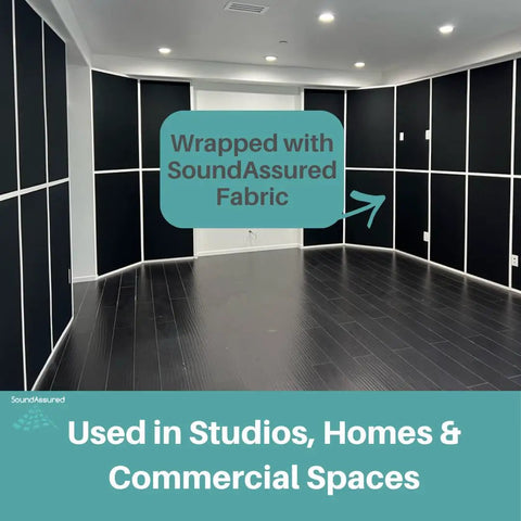 Pro Grade Black Acoustical Fabric Precut Sheets Heavy Duty Sound Dampening Textile used to wrap studio walls for noise reduction.