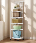 The Real Deal Five Tier Storage Rack Heavy Duty Metal Shelving Unit With Smooth Rolling Casters Rust Resistant Black Finish Built Tough For Zero Hassle Garage And Versatile Organization, featuring baskets and a rollable base.