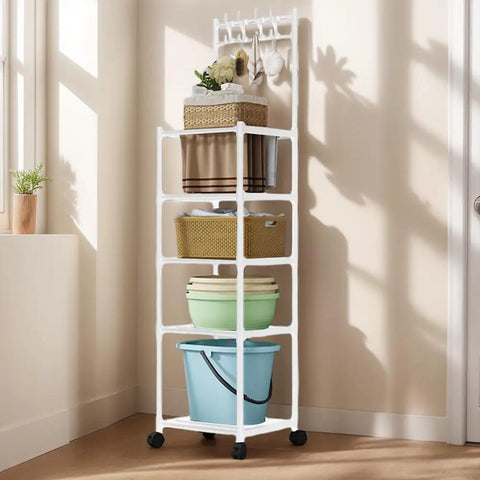 The Real Deal Five Tier Storage Rack Heavy Duty Metal Shelving Unit With Smooth Rolling Casters Rust Resistant Black Finish Built Tough For Zero Hassle Garage And Versatile Organization, featuring baskets and a rollable base.