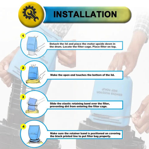 Installation steps for Ten Pack Wet Dry Vacuum Filter Bags For Stinger Husky Bucket Head And Other Two And A Half To Five Gallon Shop Vacuums Universal Fit VF2000 WS01025F 9 38737 Compatible Replacement Parts Heavy Duty Easy Fit