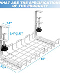Under Desk Cable Management No Drill 32 Inch 2 Pack Fast Clip On Cable Organizer showing dimensions and clip-on mechanism.