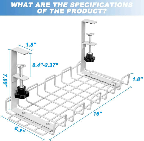 Under Desk Cable Management No Drill 32 Inch 2 Pack Fast Clip On Cable Organizer showing dimensions and clip-on mechanism.