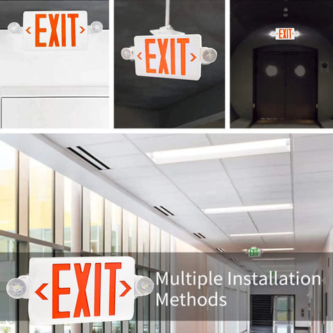 Red LED Exit Sign With Emergency Lights And Battery Backup, Dual Adjustable Head LED Lamps, UL 120 277V, multiple installations