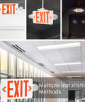 4 Pack Red LED Exit Signs With Emergency Lights And Battery Backup Dual Adjustable Head LED Lamps ABS Fire Resistant Housing UL Listed 120277V Boss Level Safety Signage installed in various locations, showcasing multiple installation methods.