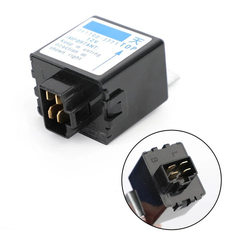 Stop solenoid relay, 12V, black rectangular automotive relay with 4-pin connector (front view, close-up).