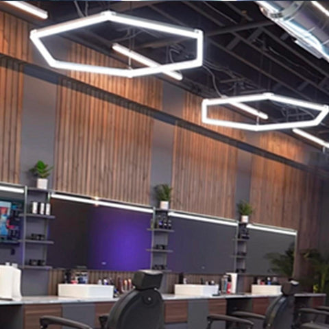30 Pack Hexagon Garage Light Suspension Cables Kit with hexagon pendant lights in modern office setting