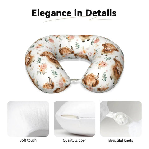 Cute Highland Cow Memory Foam Travel Pillow For Neck Support U Shaped Travel Cushion For Airplane Car And Office Soft Plush Comfort Pillow Portable Sleep Aid That Easily Fits In Backpacks Carry Ons with floral design and quality zipper.