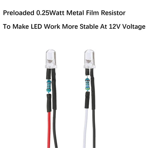 Close-up of two 5mm LEDs from 56 Piece DC 12V 5mm LED Light Kit With Prewired Resistors, Clear Lens, Color Burst Assortment