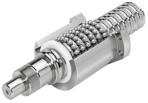Close-up of SFU1204 NUW Ball Screw Kit with Nut for CNC Machines showing 12mm diameter and ball bearings.