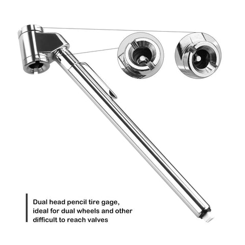 CZC AUTO pencil tire gauge, dual-head, stainless steel stem, chrome finish; side view, 2-pack.
