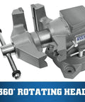 Multi-Purpose Bench Vise With 6-1/2 Inch Jaw Width And 6-1/4 Inch Opening, 3-1/4 Inch Throat, 360 Degree Rotating Head, Indexed At 30 Degree Increments, Replaceable Hardened Steel Jaws, Built-In Anvil, Serrated Jaws For Secure Grip, angled view