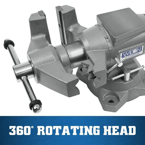Multi-Purpose Bench Vise With 6-1/2 Inch Jaw Width And 6-1/4 Inch Opening, 3-1/4 Inch Throat, 360 Degree Rotating Head, Indexed At 30 Degree Increments, Replaceable Hardened Steel Jaws, Built-In Anvil, Serrated Jaws For Secure Grip, angled view