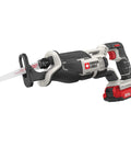 Compact 20V Max Cordless Reciprocating Saw With Variable Speed And Quick Release Blades, featuring a white blade for cutting.