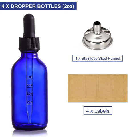 Dead Simple 2 Oz Dark Blue Glass Dropper Bottles, 4 Pack With Exact 1Ml Calibrated Eyedroppers, No Drama Silicone Caps For Essential Oils, DIY Tinctures, And Slick Beauty Blends