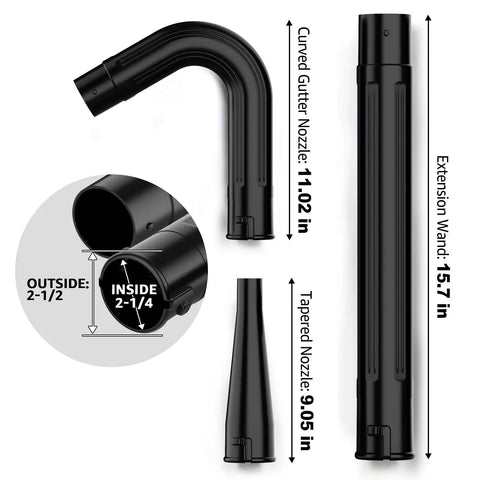 Components of Gutter Cleaning Attachment for 2-1/2 Inch Shop Vac Hose, showing sizes of curved nozzle, extension wand, and tapered nozzle.