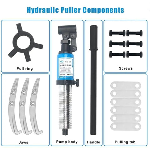 Heavy Duty 10 Ton Hydraulic Puller Set With Precision Swappable Two Or Three Jaw Bearing Separator components including jaws, pump body, puller ring.